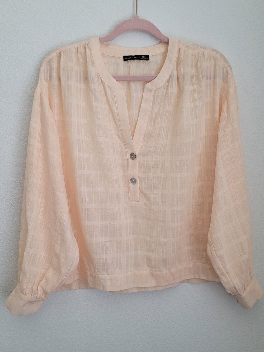 Black Tape Pastel Peach Windowpane Gauze Blouse Cotton Size S Cottagecore Boho